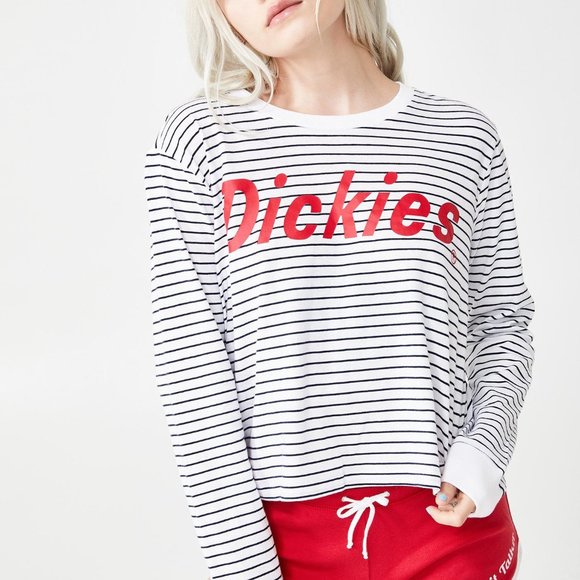 NWT! DICKIES - Stripe Long Sleeve Crop Logo Tee - Picture 6 of 8